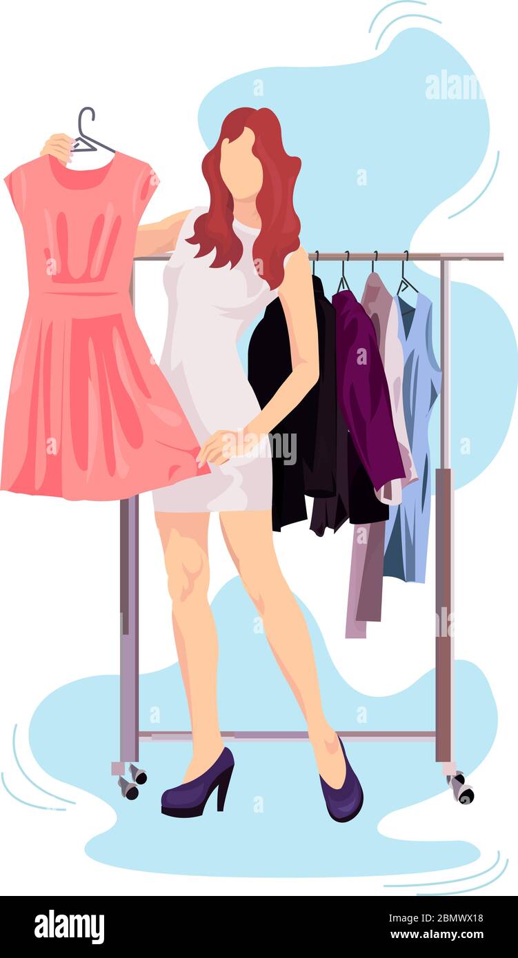Girl With Clothes Holds A Hanger With A Dress vector illustration from shopping collection. Flat cartoon illustration isolated on white Stock Vector