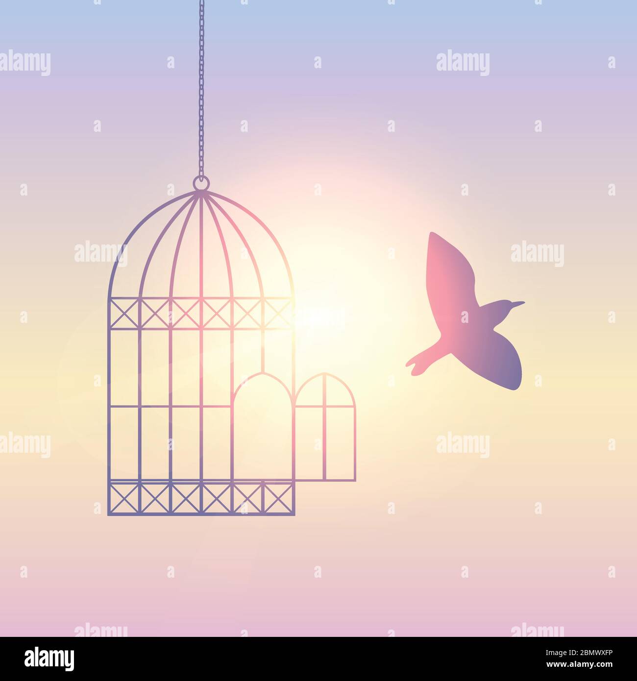 bird flies out of the cage into the sunny sky vector illustration EPS10 ...