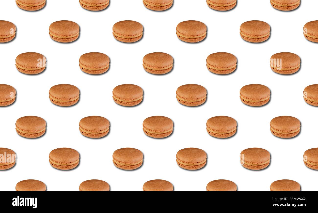 Pattern with Creamy Macarons Isolated on a White Background Stock Photo