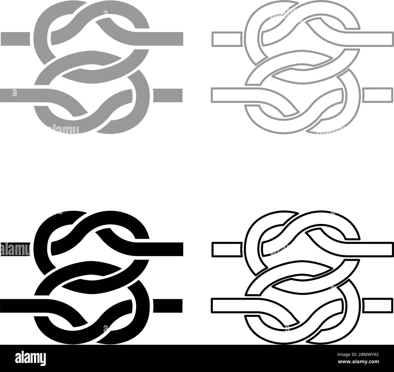 Two nautical knots Ropes Wire with loop Twisted marine cord icon outline set black grey color vector illustration flat style simple image Stock Vector