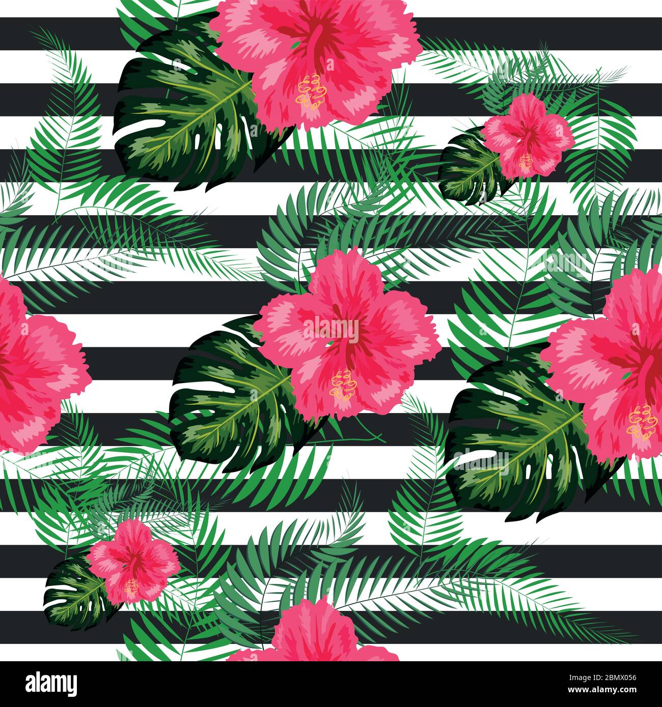 tropical illustration monstera plants leaves flowers hibiscus seamless ...