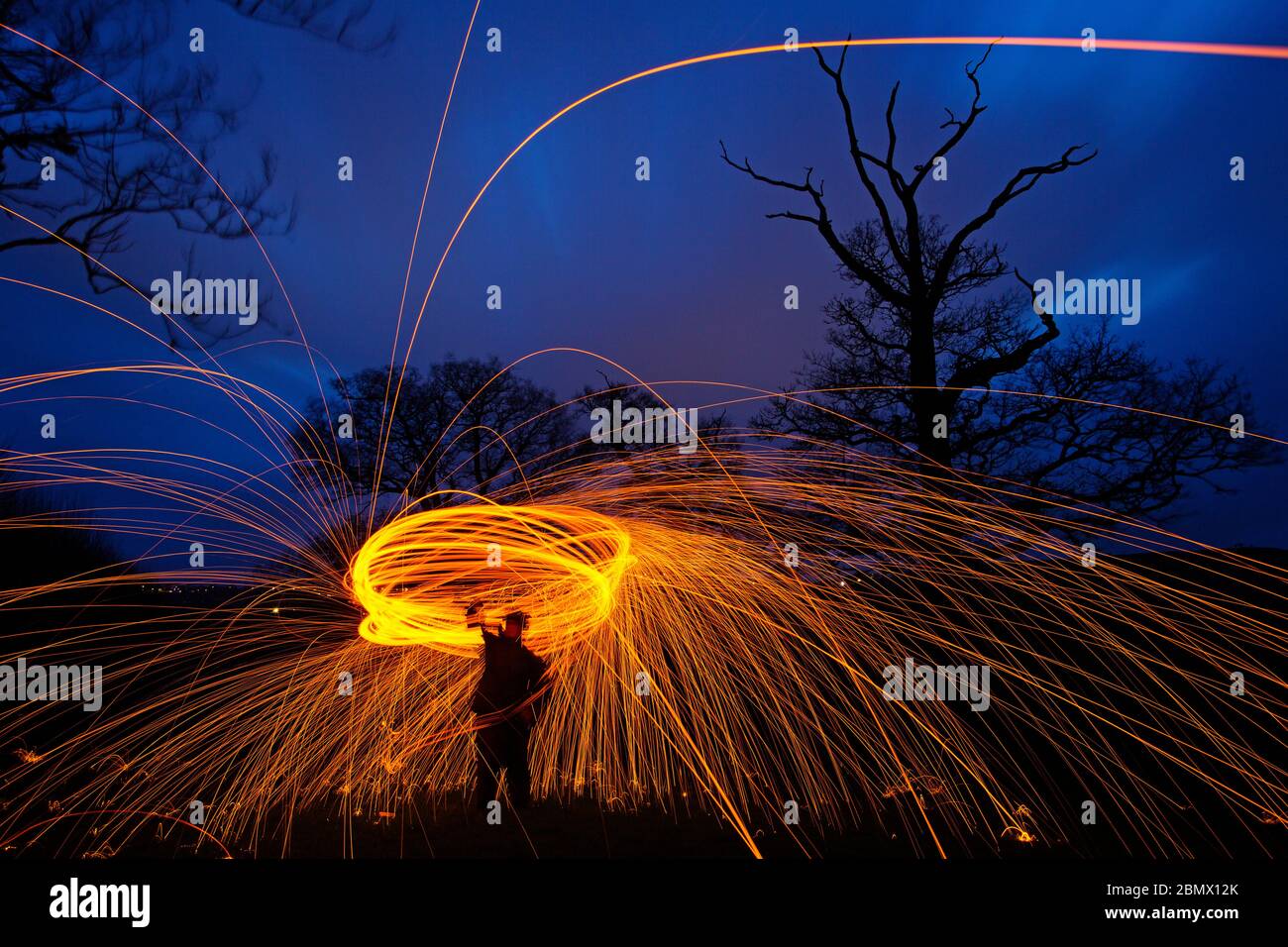 fire spinning with steel wool Stock Photo Alamy