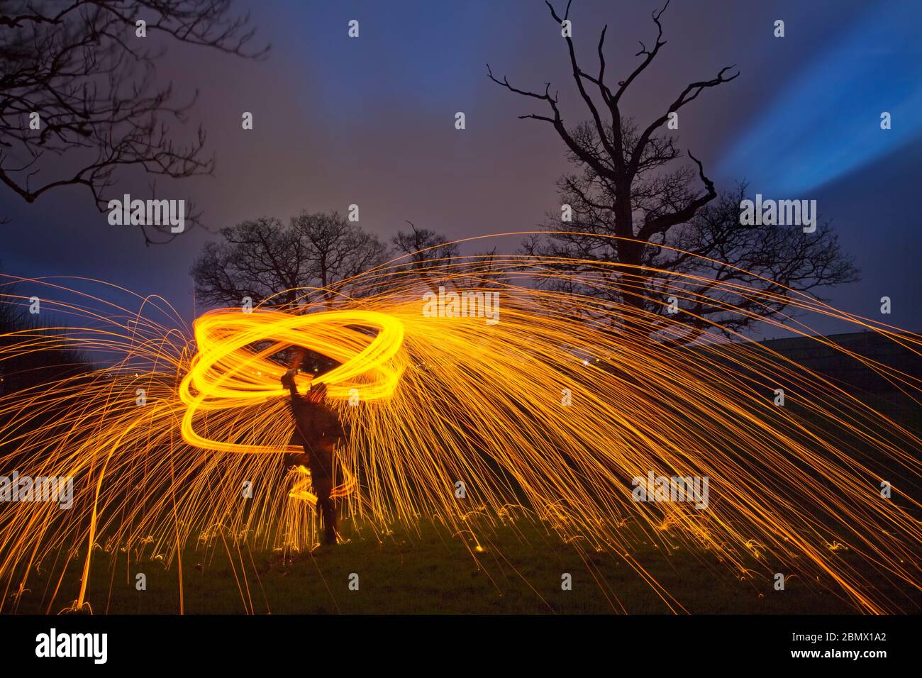 fire spinning with steel wool Stock Photo Alamy