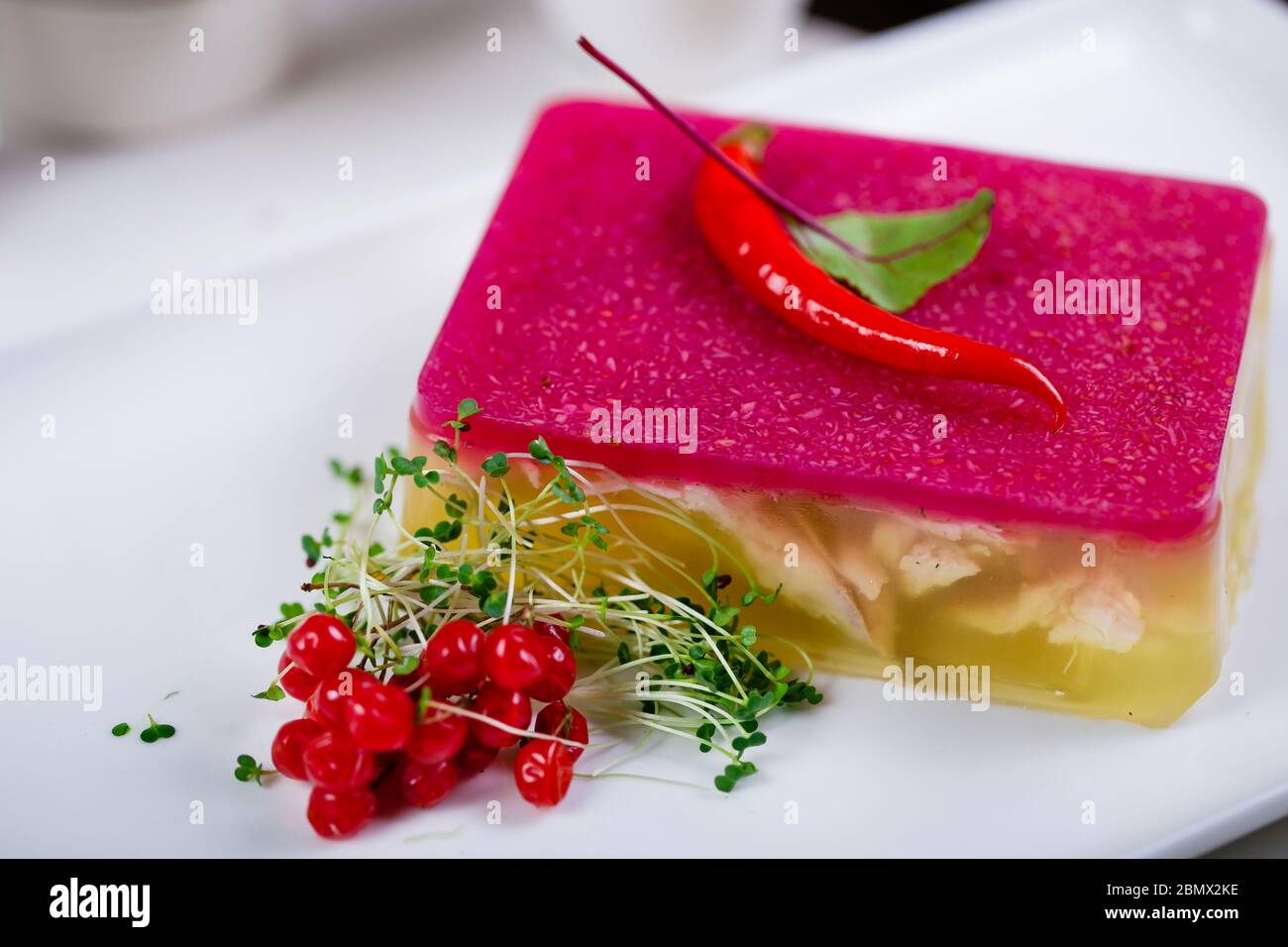 Meat galantine with vegetables, beautiful decoration aspic for festive meal selective focus Stock Photo