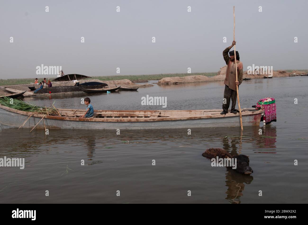 A Marsh Arab boatman steers his mashoof (traditional boat) across a channel in the marshes of southern Iraq Stock Photo