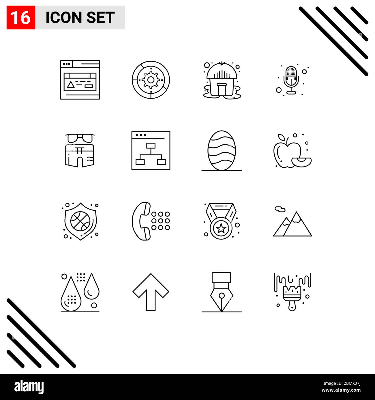 Pack of 16 Modern Outlines Signs and Symbols for Web Print Media such as beach, summer, hut, swimsuite, recording Editable Vector Design Elements Stock Vector