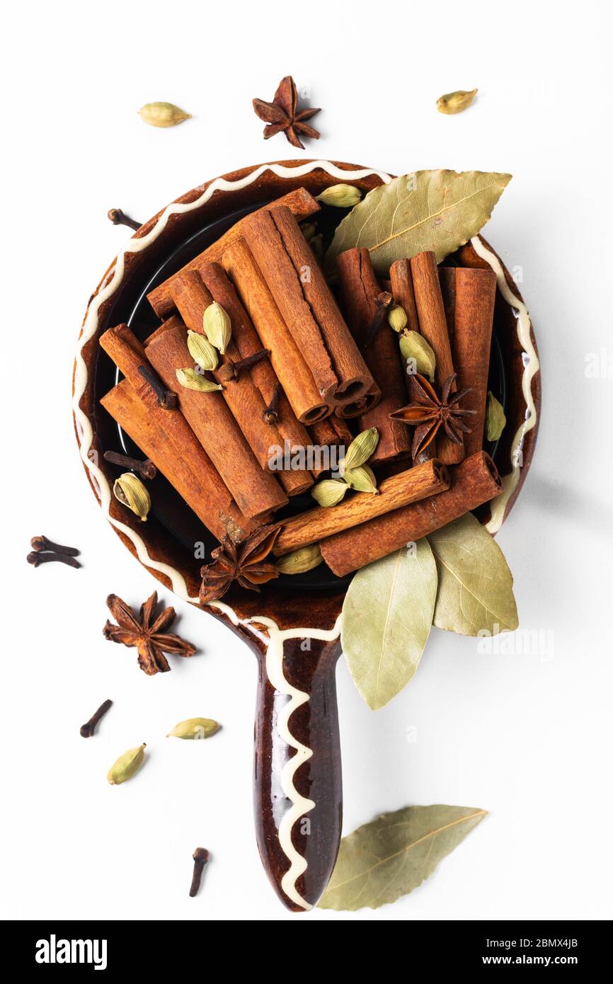 Healthy food ingredient mix of spices organic Cinnamon sticks, star