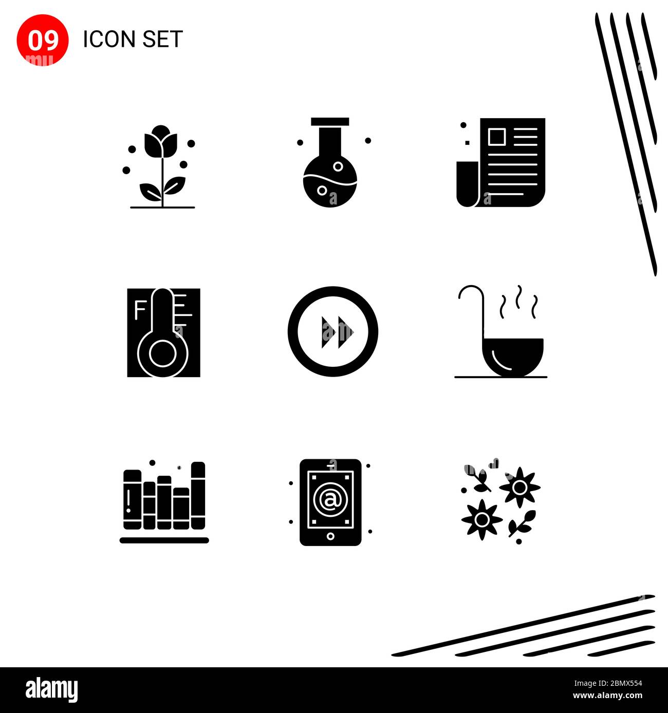 Modern Set of 9 Solid Glyphs and symbols such as rainy, cloud, experiment, ui, newspaper Editable Vector Design Elements Stock Vector