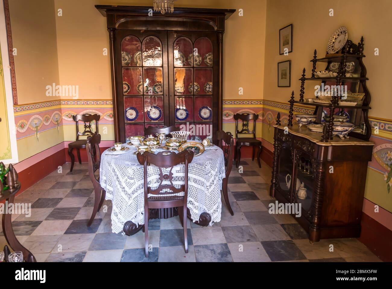 dining room for business meetings, Romantic Museum housed in the colonial era Brunet palace, Plaza Mayor, Trinidad, Cuba Stock Photo