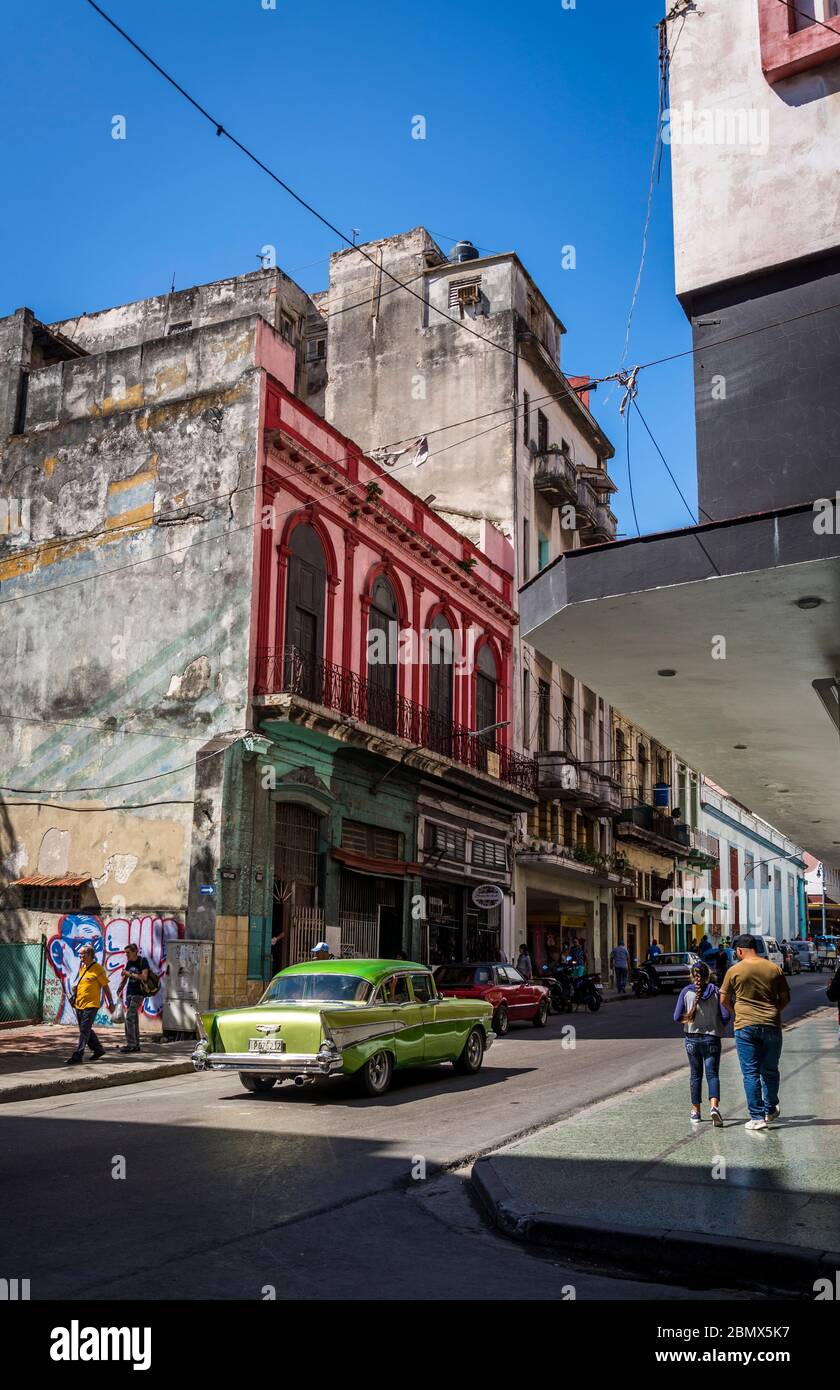 Street with a vintage car, Chinatown, Havana Centro, Havana, Cuba Stock Photo