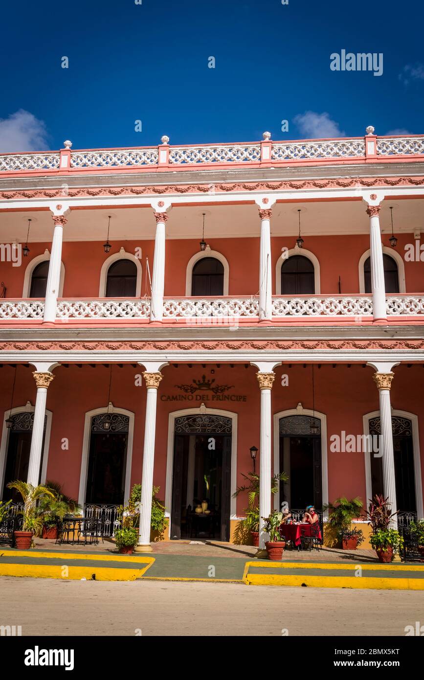 Colonial era Hotel Camino del Príncipe at the Central Square, Remedios, Cuba Stock Photo