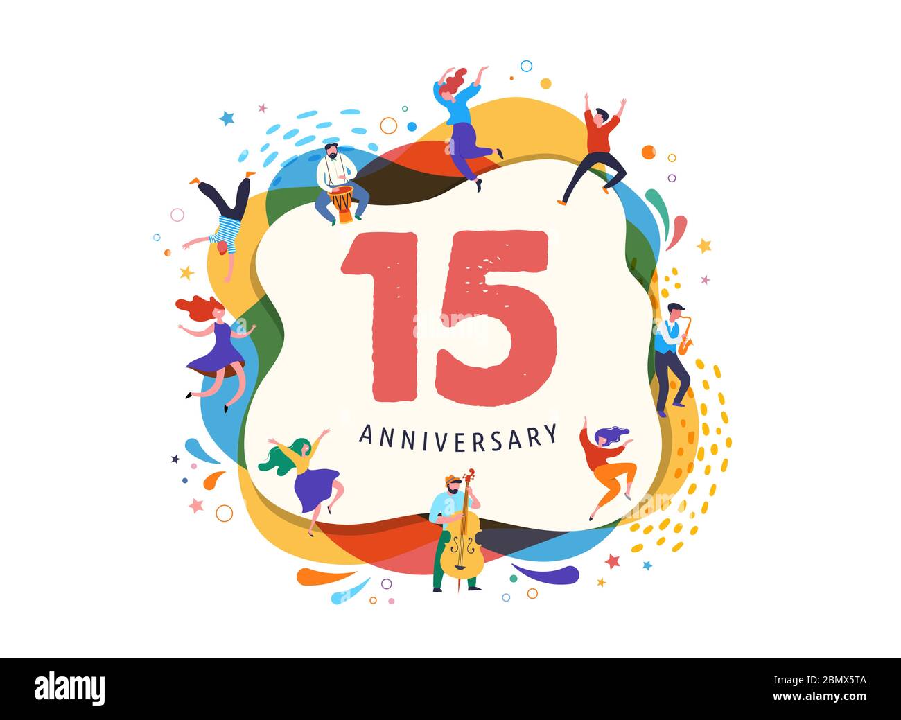 Anniversary celebration. Happy people dancing, playing music, celebrating. Vector illustration, banner, poster Stock Vector