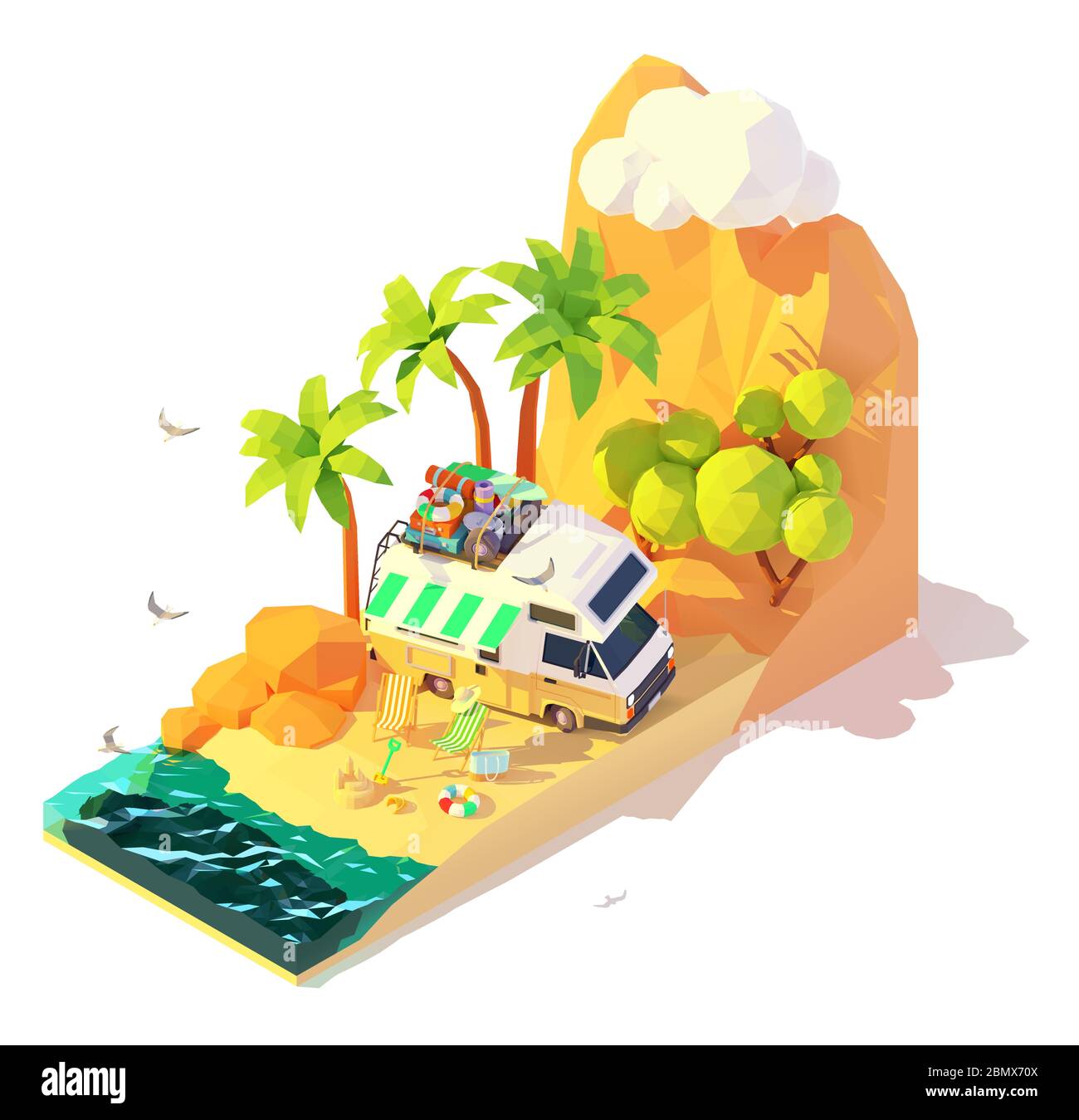 Vector isometric camper on the beach Stock Vector