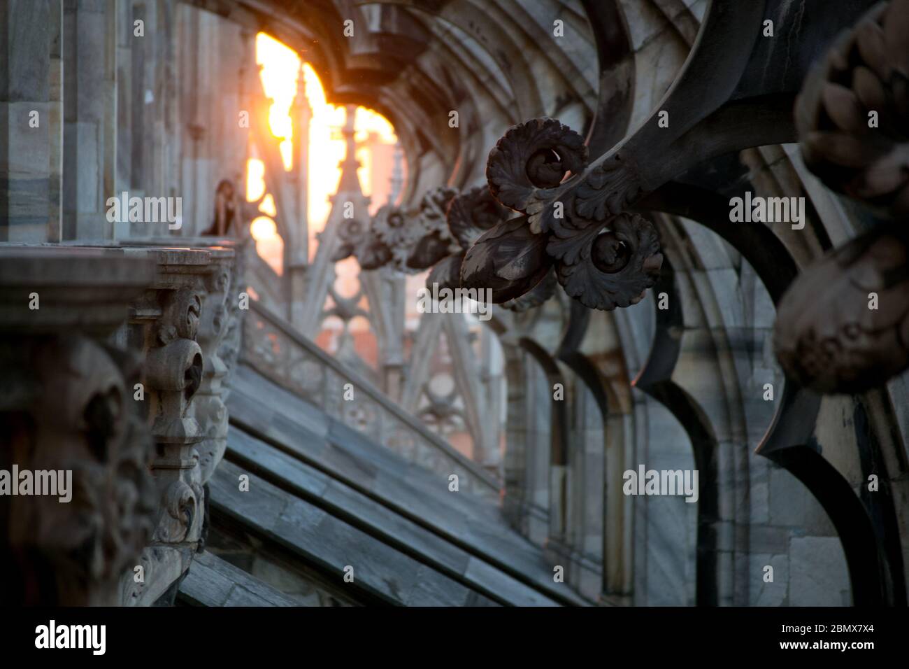 Milano, Italy, march 22, 2019:on the roof top of the Duomo church the detail of the stone decorated buttresses at sunset time Stock Photo