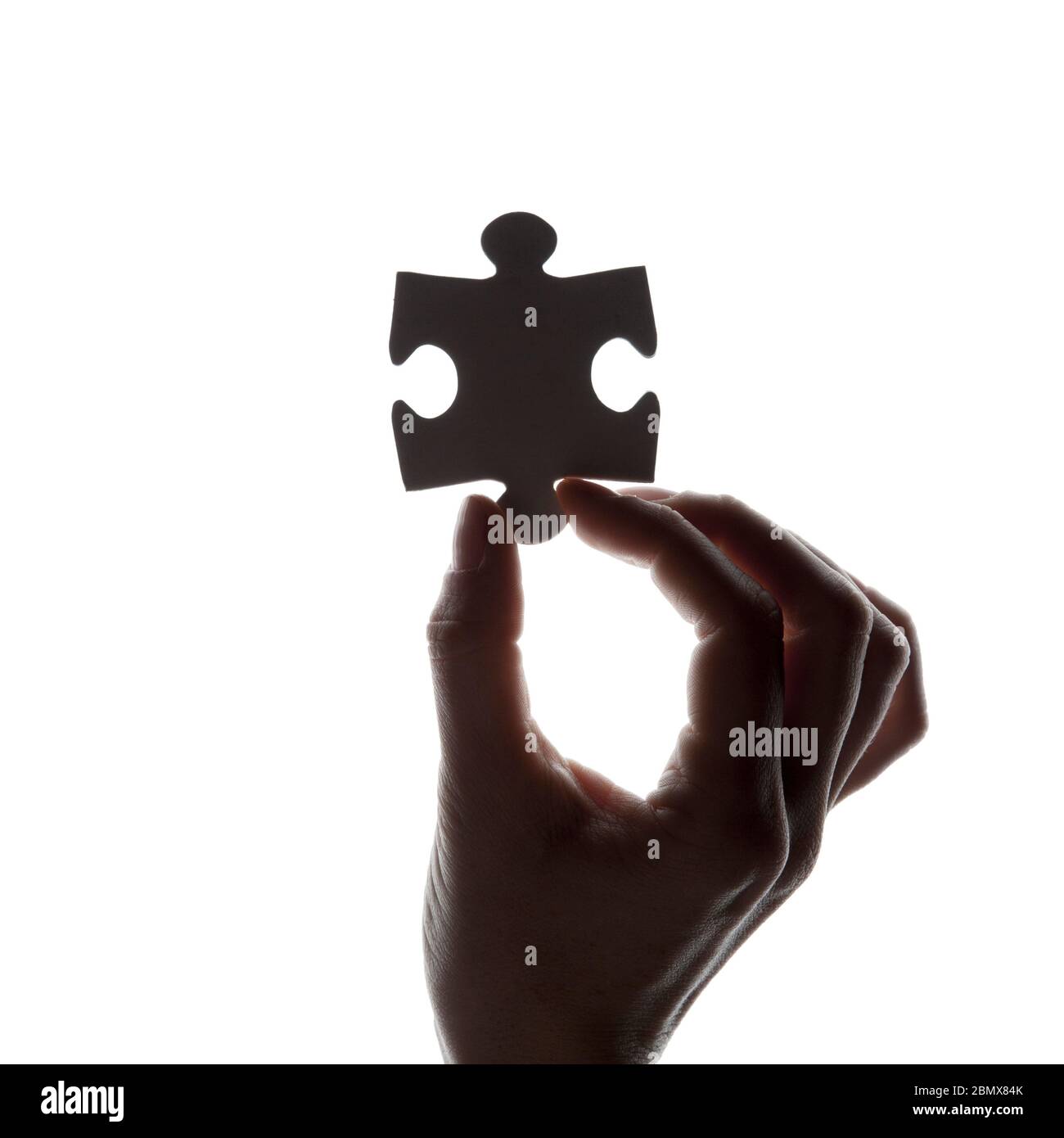 Silhouette of a hand holding a jigsaw puzzle piece on a white ...