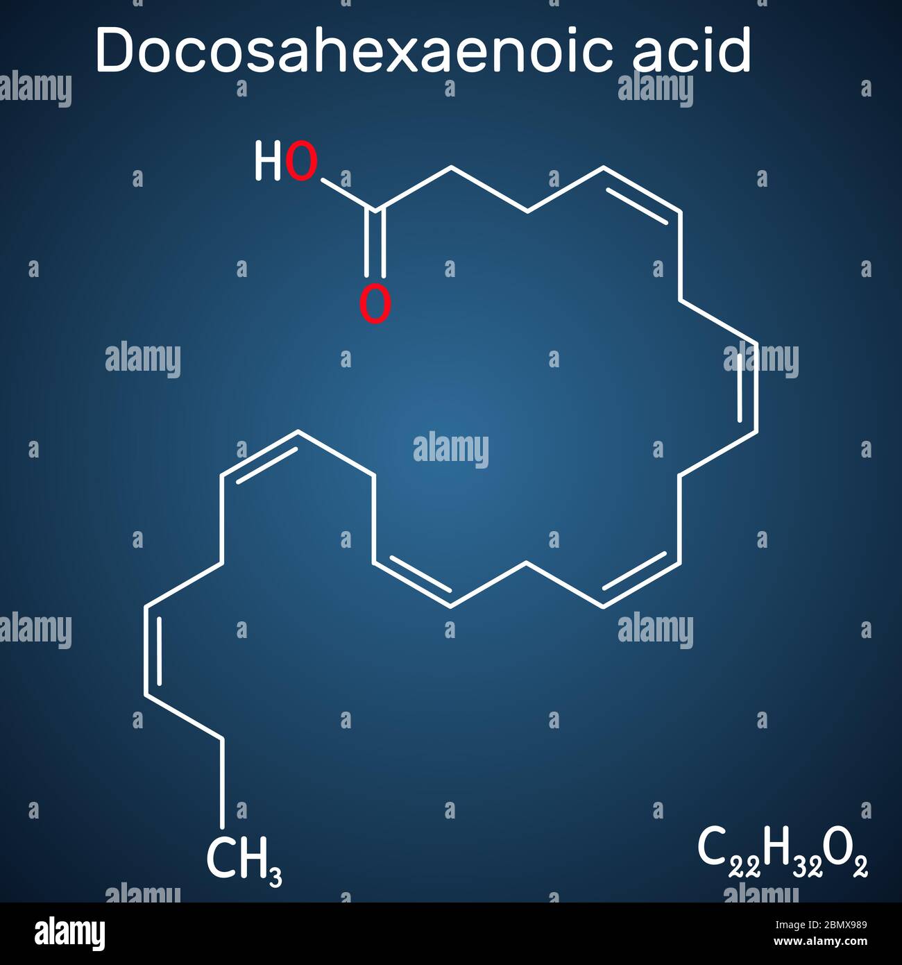 Docosahexaenoic acid, DHA, doconexent, cervonic acid molecule. It is omega-3  fatty acid. Structural chemical formula on the dark blue background. Vect  Stock Vector Image & Art - Alamy