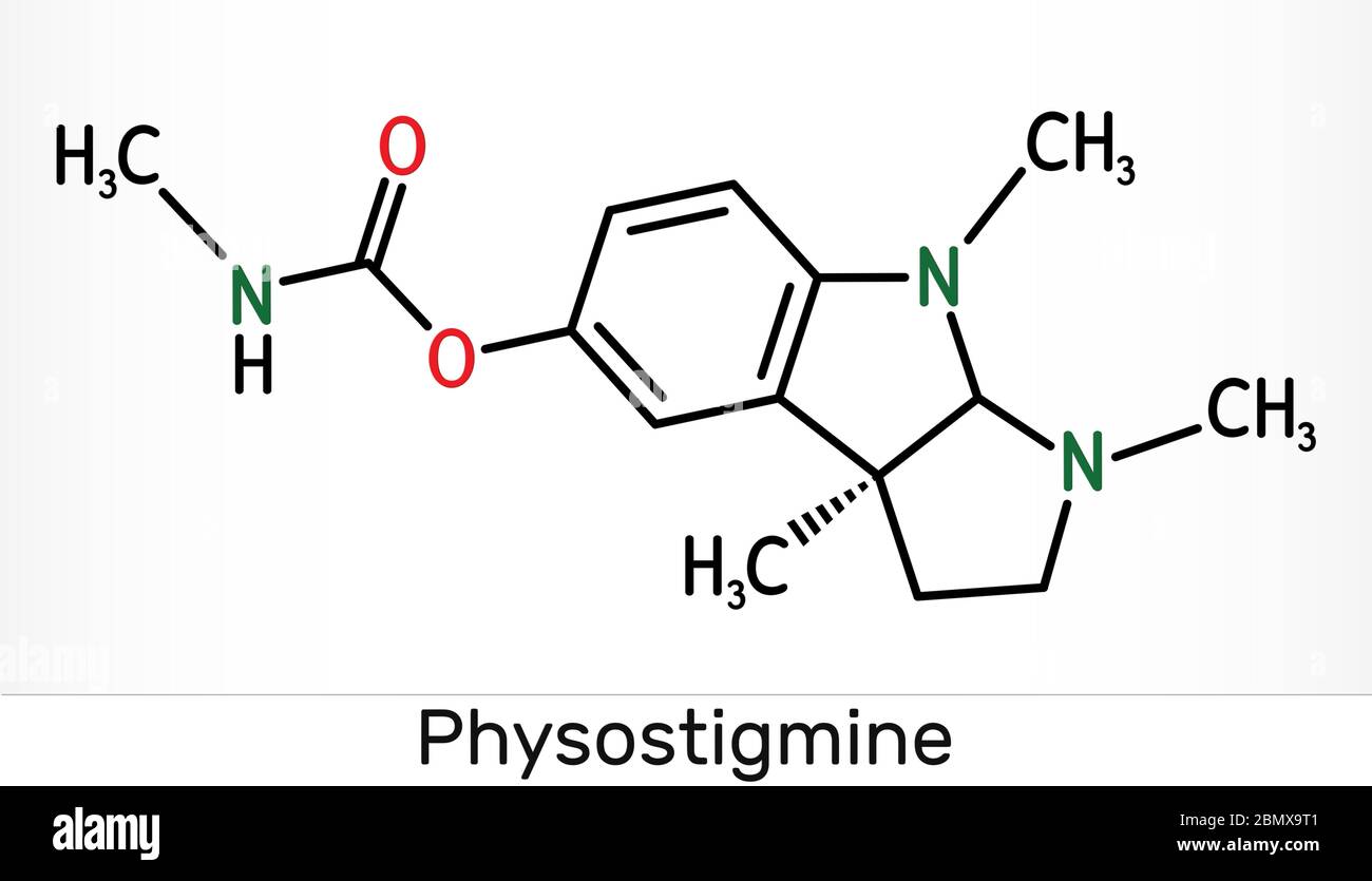 Physostigmine, eserine, C15H21N3O2 molecule. It is cholinesterase inhibitor, toxic parasympathomimetic indole alkaloid. Skeletal chemical formula. Ill Stock Photo