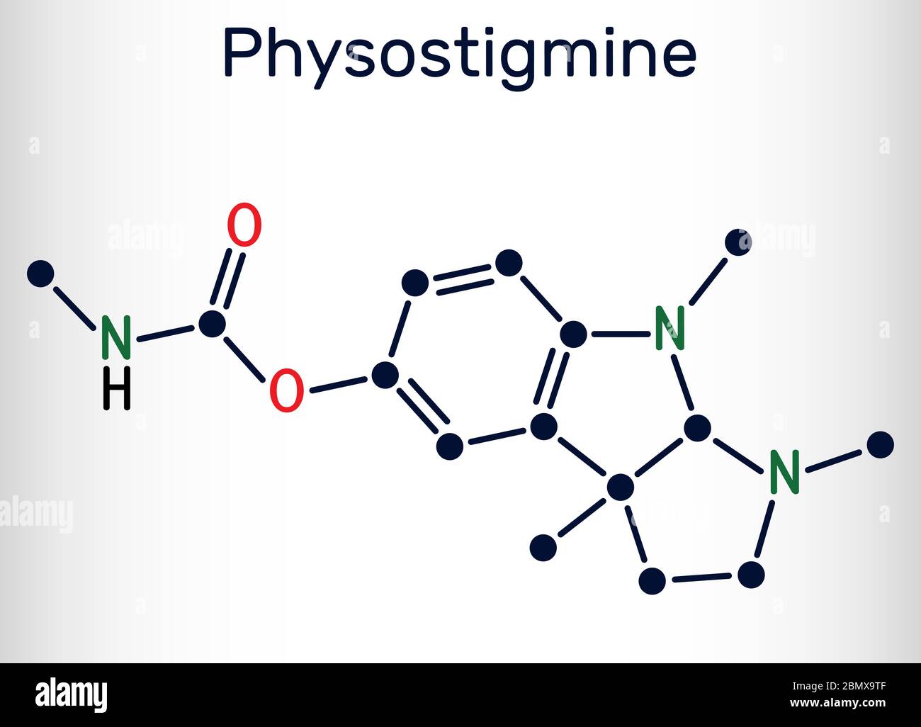 Physostigmine, eserine, C15H21N3O2 molecule. It is cholinesterase inhibitor, toxic parasympathomimetic indole alkaloid. Skeletal chemical formula. Vec Stock Vector