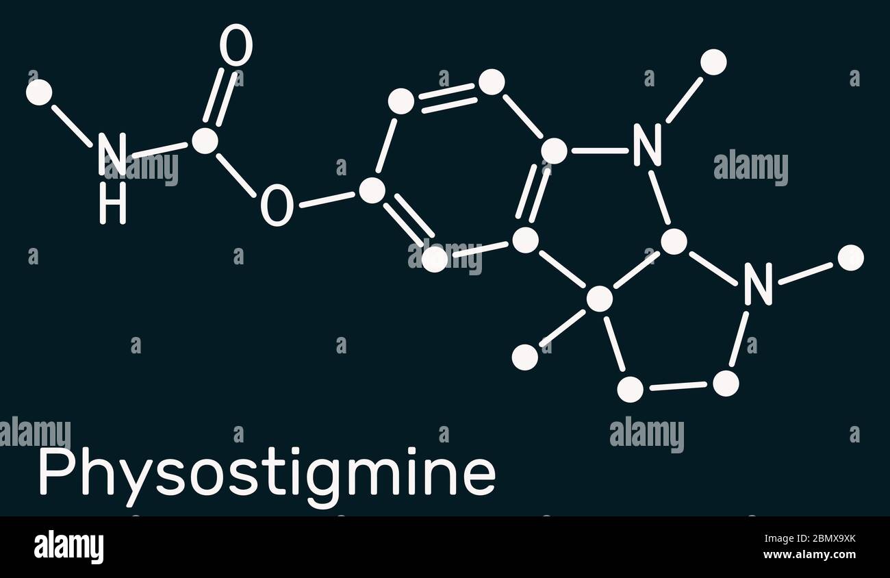 Physostigmine, eserine, C15H21N3O2 molecule. It is cholinesterase inhibitor, toxic parasympathomimetic indole alkaloid. Skeletal chemical formula on t Stock Photo