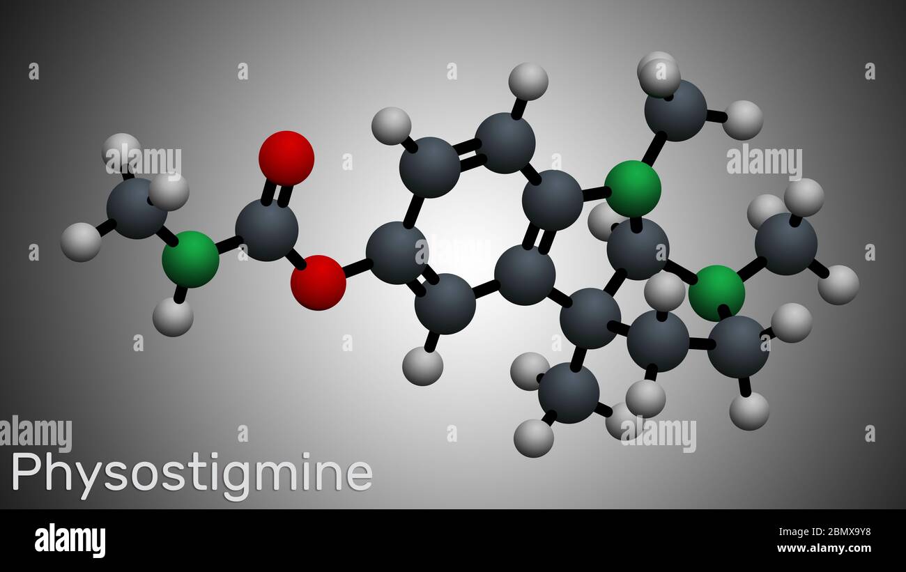 Physostigmine, eserine, C15H21N3O2 molecule. It is cholinesterase inhibitor, toxic parasympathomimetic indole alkaloid. Molecular model. 3D rendering Stock Photo