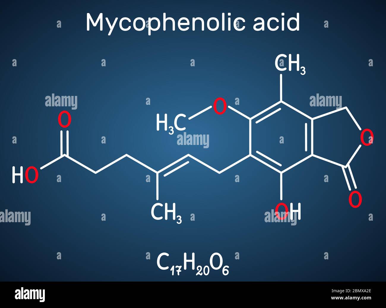 Mycophenolic acid, MPA, mycophenolate, C17H20O6 molecule. It is an immunosuppresant drug and potent anti-proliferative. Structural chemical formula on Stock Vector