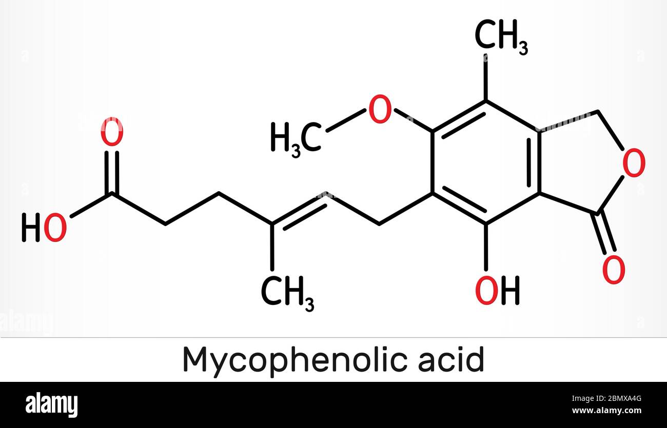 Mycophenolic acid, MPA, mycophenolate, C17H20O6 molecule. It is an immunosuppresant drug and potent anti-proliferative. Skeletal chemical formula. Ill Stock Photo