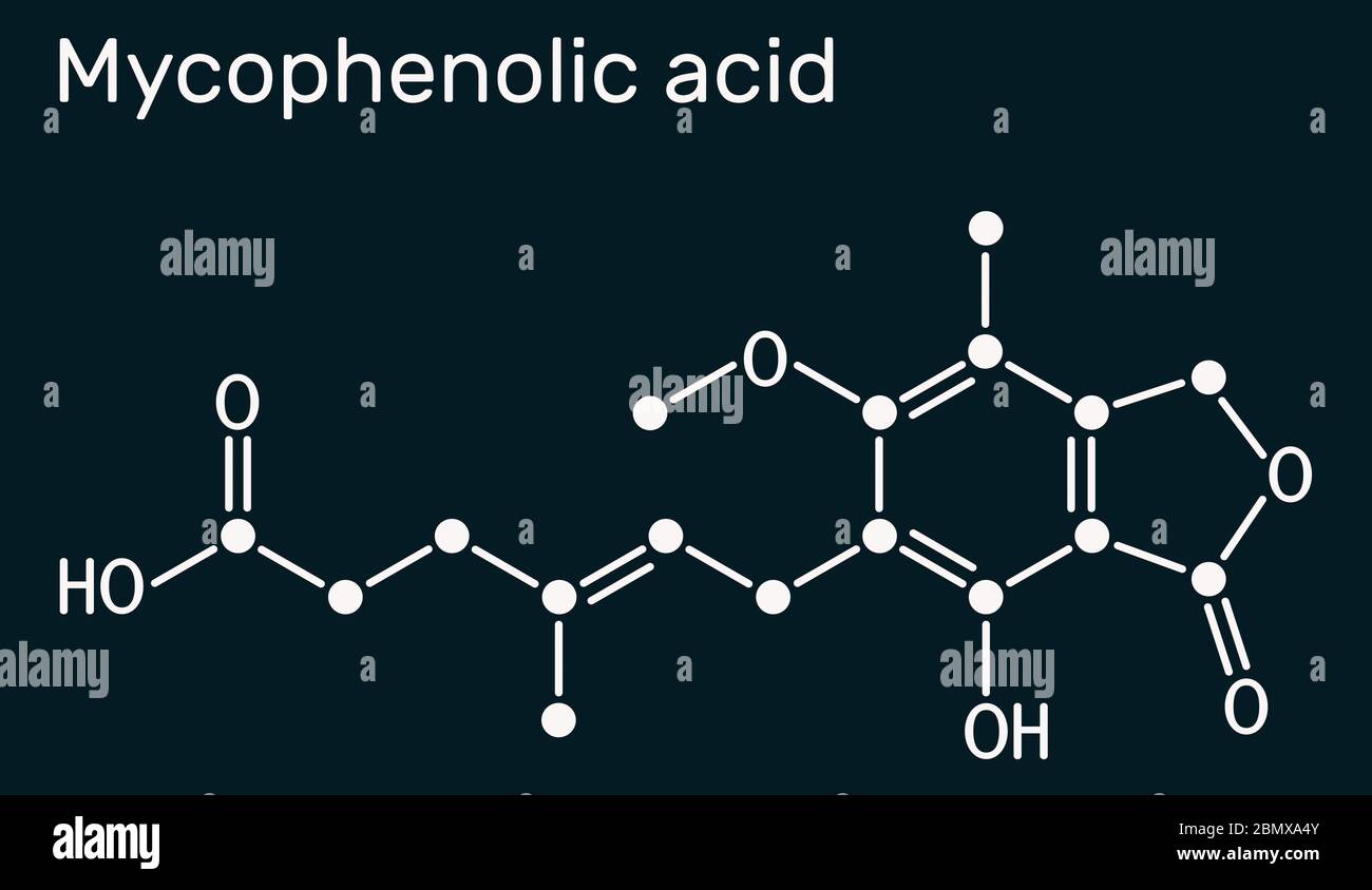 Mycophenolic acid, MPA, mycophenolate, C17H20O6 molecule. It is an immunosuppresant drug and potent anti-proliferative. Skeletal chemical formula on t Stock Photo