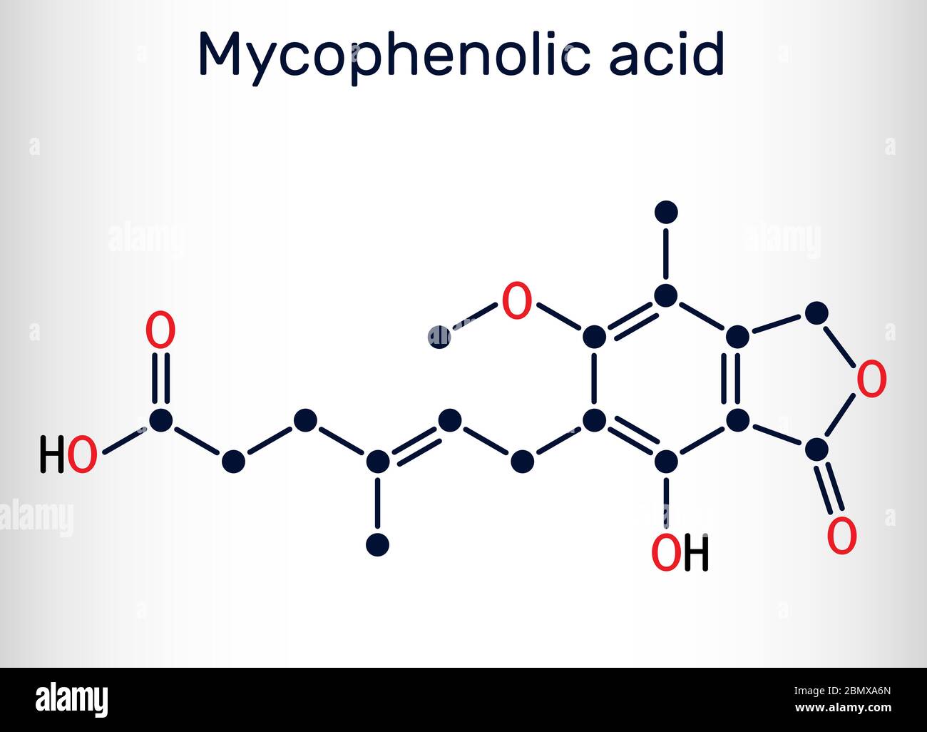Mycophenolic acid, MPA, mycophenolate, C17H20O6 molecule. It is an immunosuppresant drug and potent anti-proliferative. Skeletal chemical formula. Vec Stock Vector