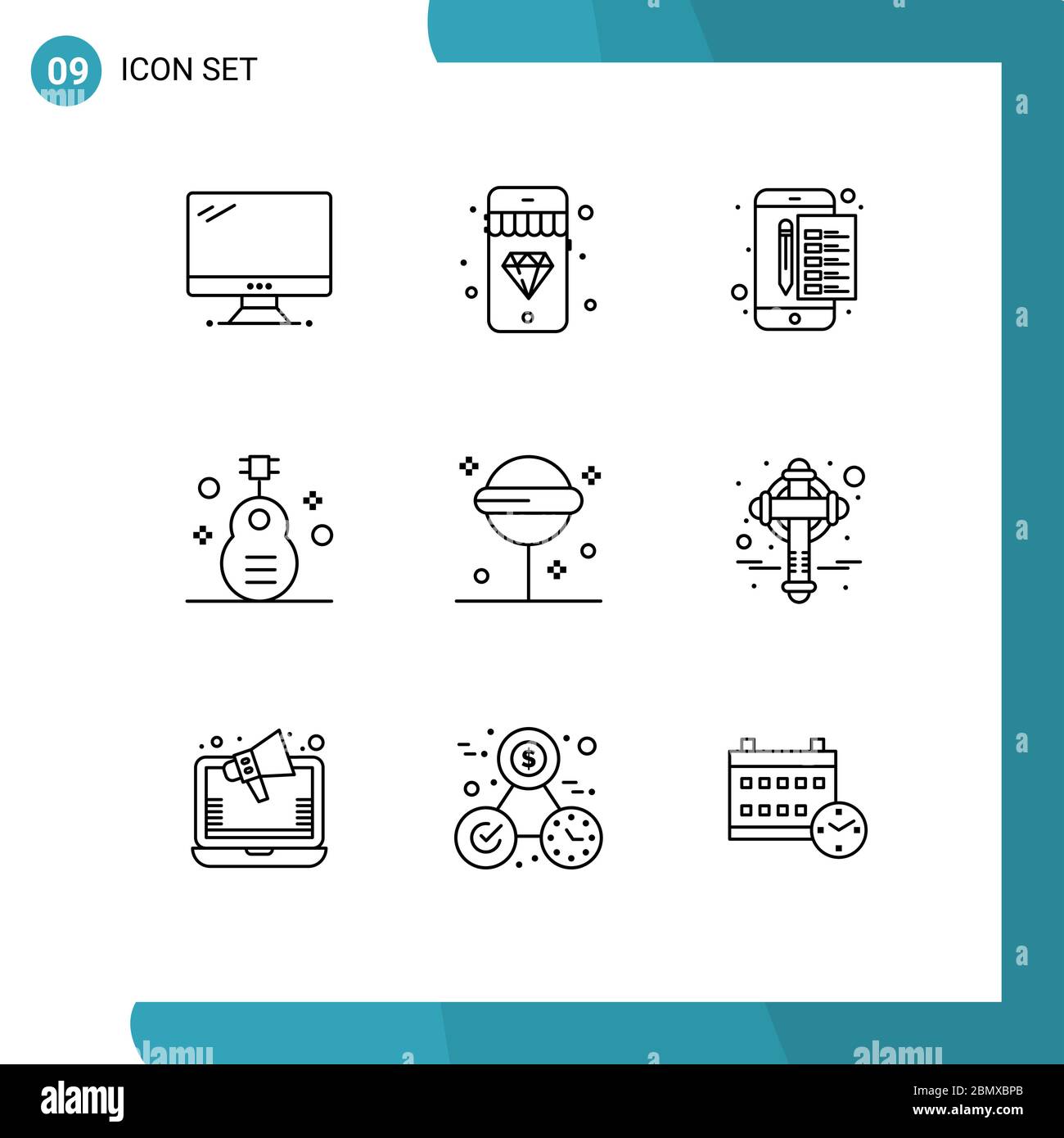 User Interface Pack of 9 Basic Outlines of music, guitar, archive, folk, tax Editable Vector Design Elements Stock Vector