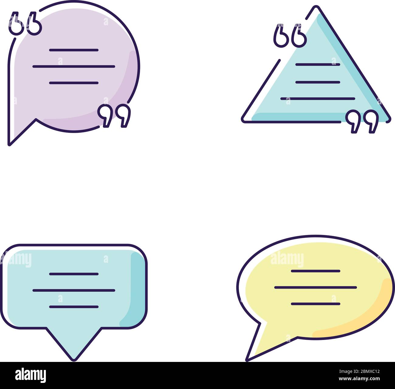 Empty chat bubbles with quotation marks yellow, blue and pink RGB color ...