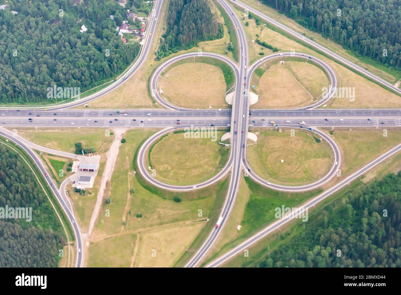Road interchanges in the Moscow region. Cloverleaf overpass. View from ...