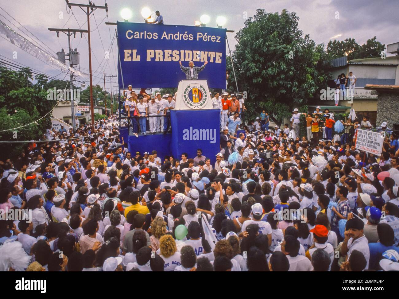 MARACAY, VENEZUELA, OCTOBER 1988 - Presidential candidate Carlos Andres Perez speaks at campaign rally. Stock Photo