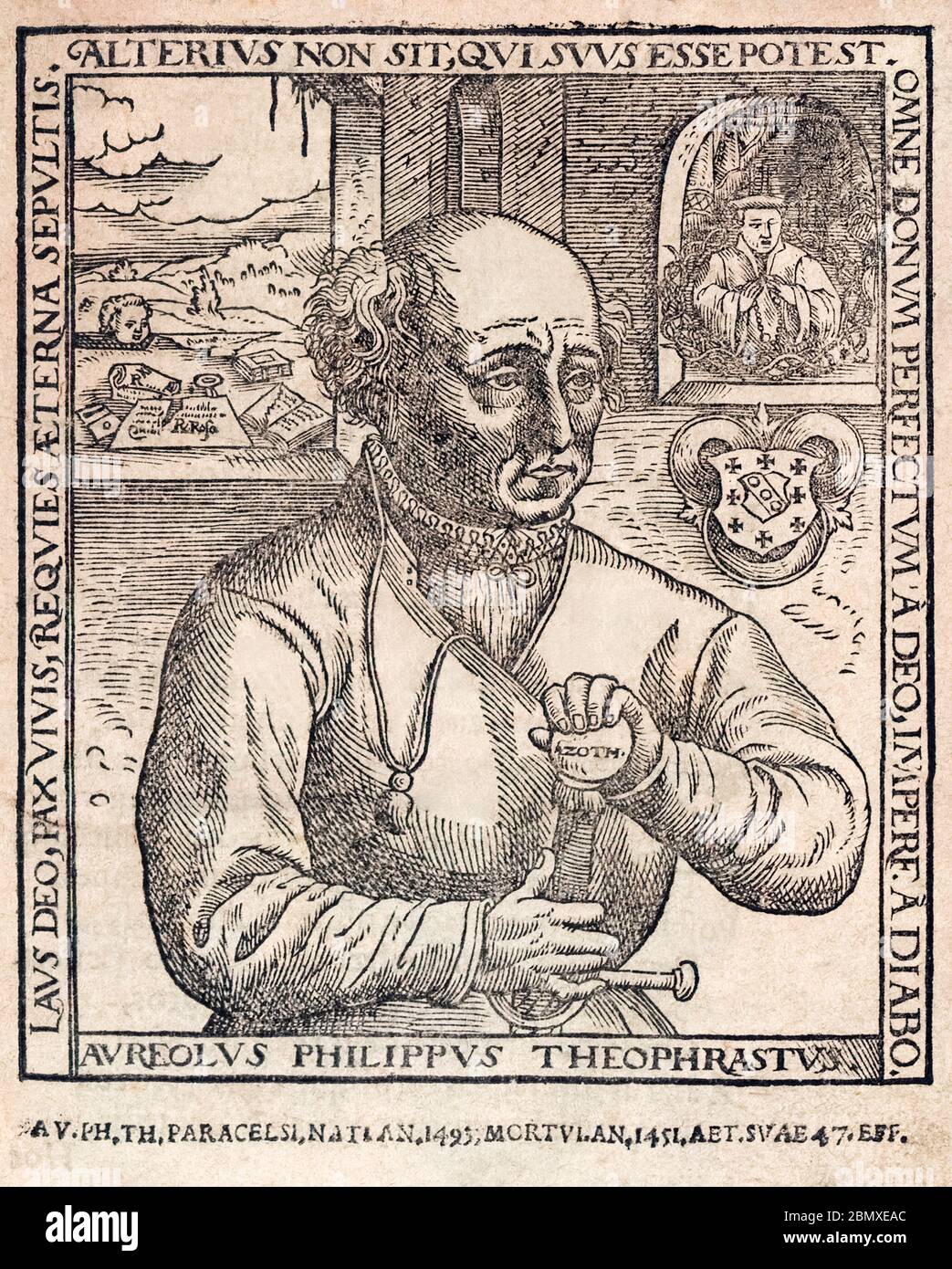 Paracelsus, born Phillippus Aureolus Theophrastus Bombastus von Hohenheim, 1493 - 1541.  Swiss renaissance physician.  After the so-called Rosicrucian portrait dating from 1567. Stock Photo