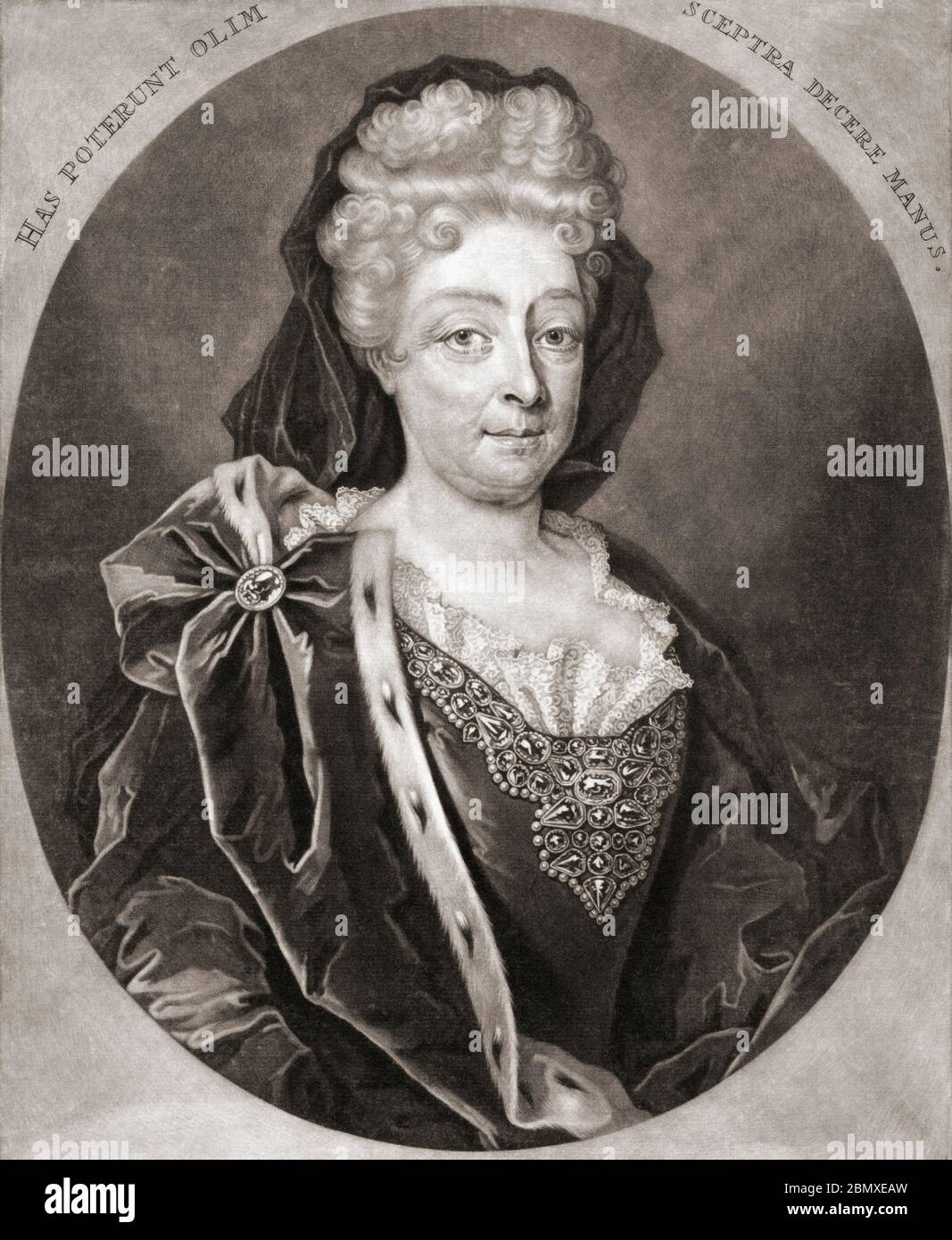 Portrait of Sophia of Hanover, Duchess of Brunswick-Luneburg, 1630 - 1714.  She was heir presumptive to the thrones of England and Ireland under the Act of Settlement 1701.  From an engraving by Pieter Schenk (I). Stock Photo