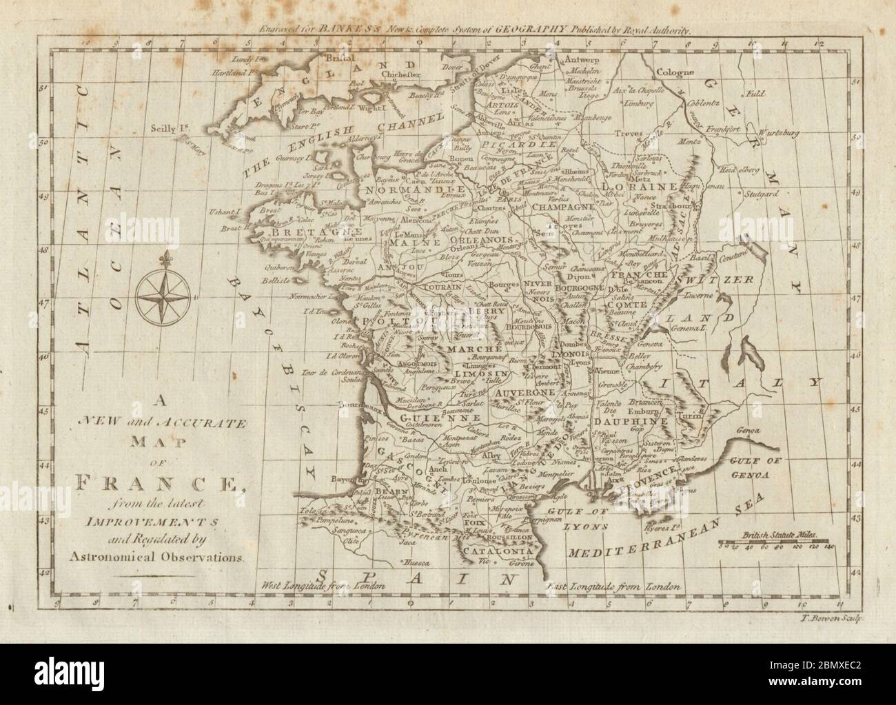 A new and accurate map of France, from the latest improvements. BOWEN 1789 Stock Photo