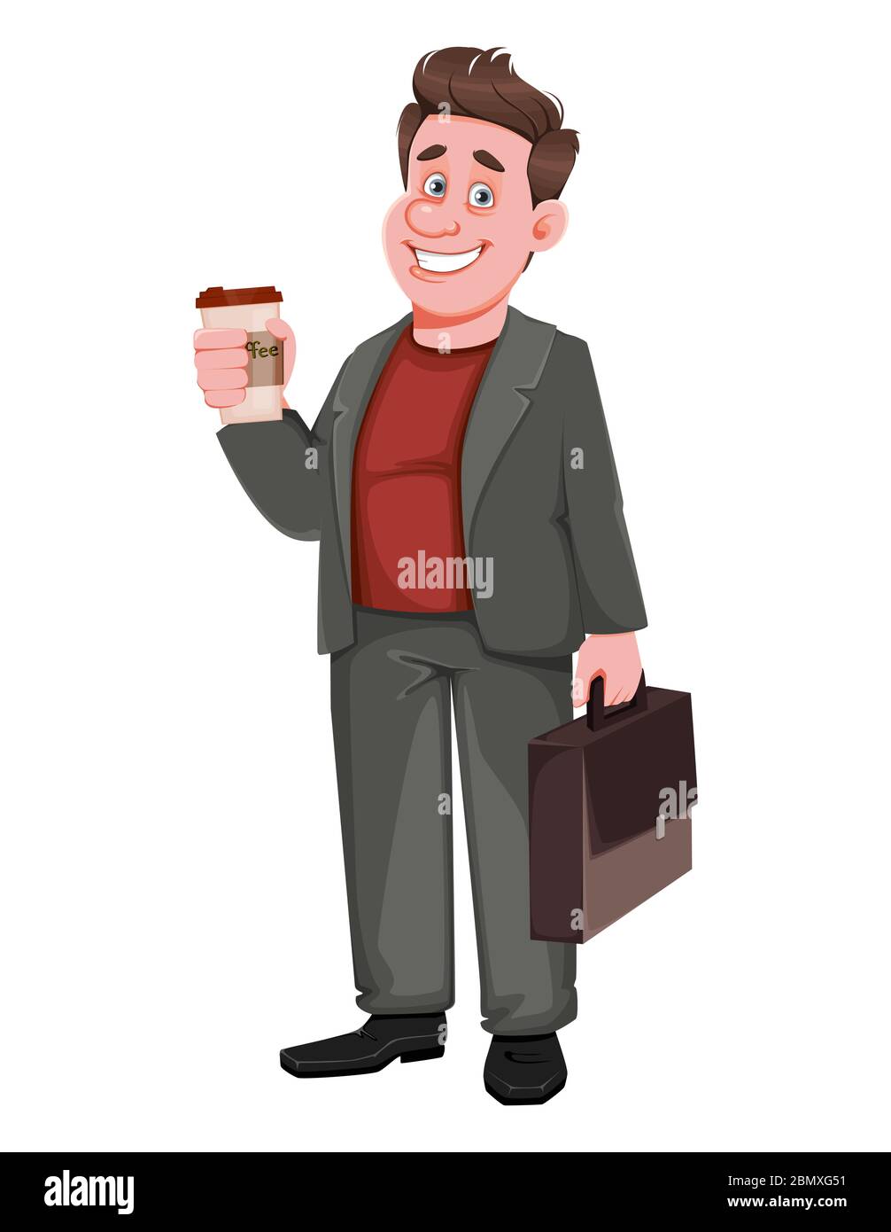 Smiling middle aged businessman holding coffee and briefcase. Happy  handsome business man cartoon character. Vector illustration Stock Vector  Image & Art - Alamy