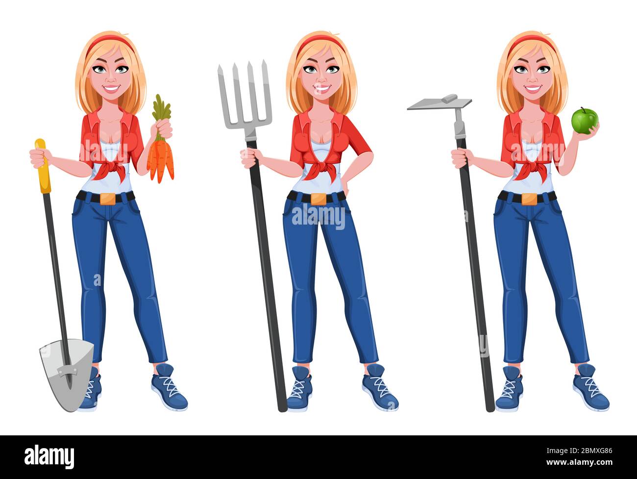 Happy smiling farm girl, set of three poses. Beautiful farmer woman cartoon character holding