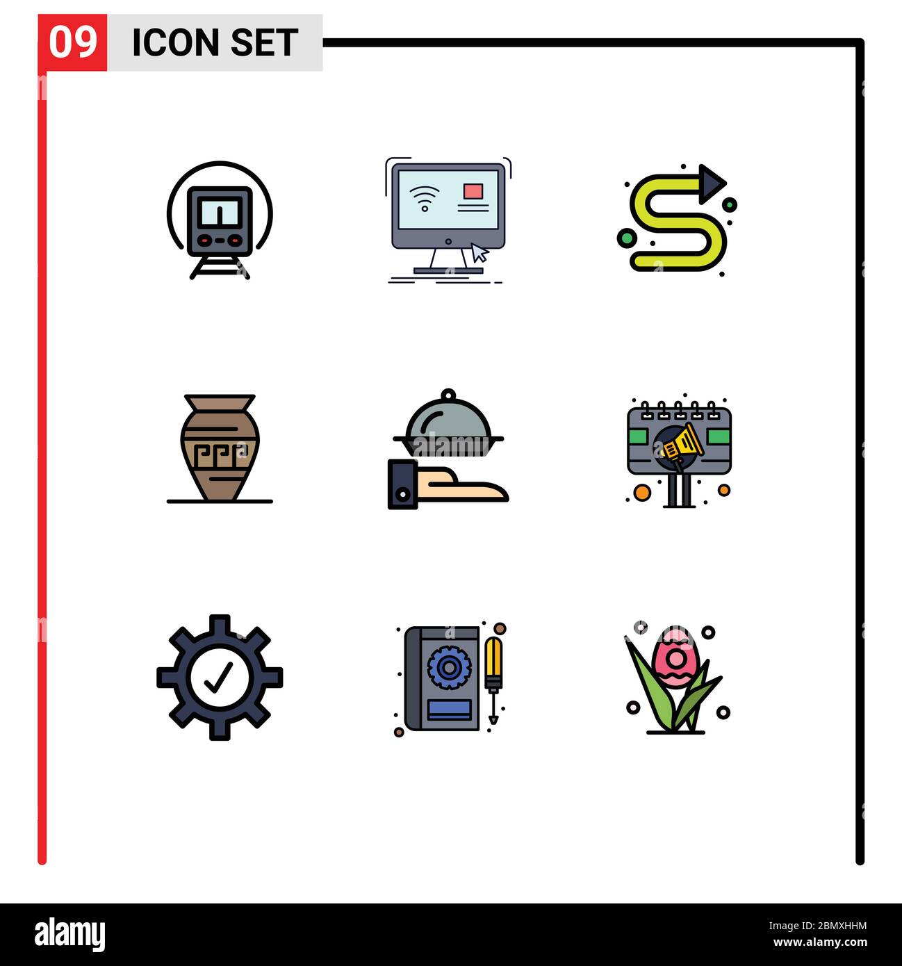 9 User Interface Filledline Flat Color Pack of modern Signs and Symbols of greece, emoji, smart, ancient jar, left Editable Vector Design Elements Stock Vector