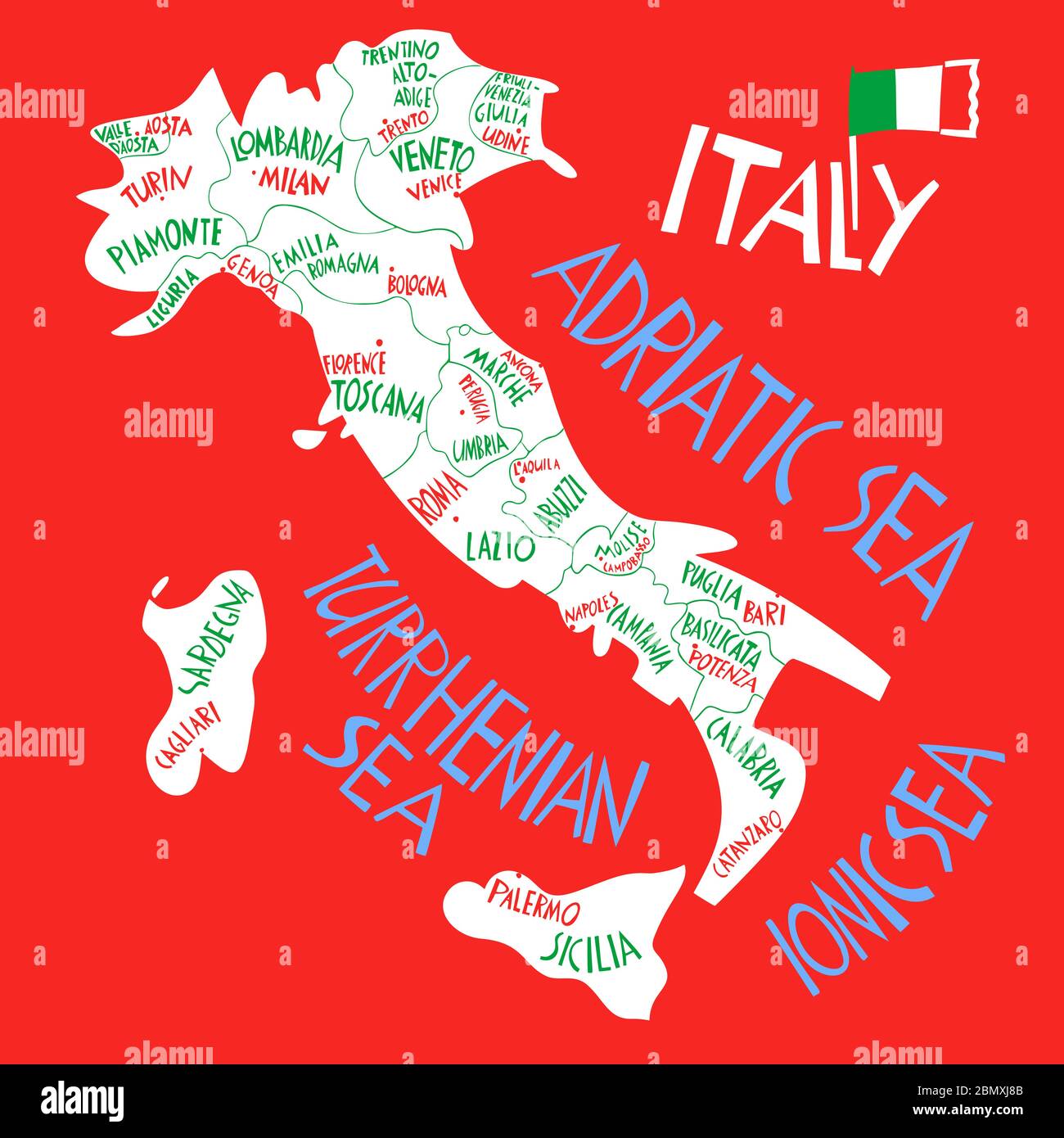 Vector hand drawn stylized map of Italian Republic. Travel illustration of Italy provinces and cities. Hand drawn lettering illustration. Europe medit Stock Vector