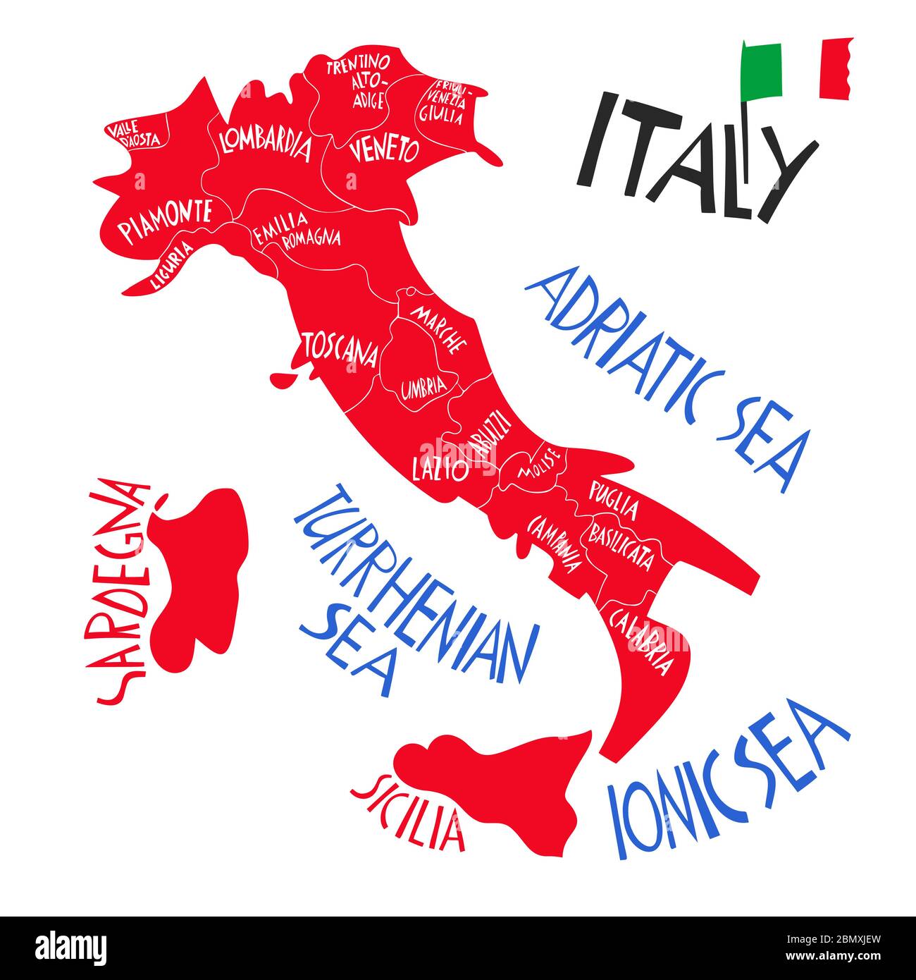 Vector hand drawn stylized map of Italian Republic. Travel illustration of Italy provinces. Hand drawn lettering illustration. Europe mediterranean ma Stock Vector