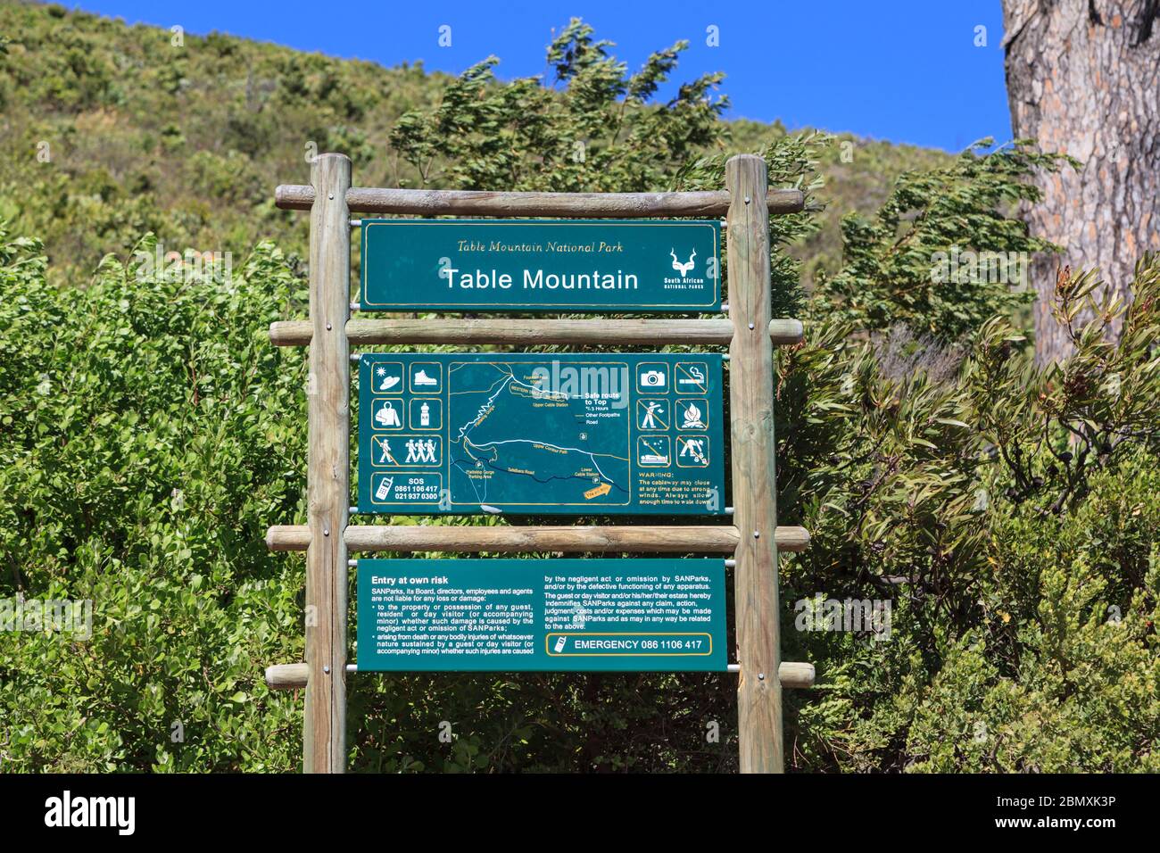 Table Mountain entrance and route sign, Table Mountain National Park, Cape Town, South Africa Stock Photo