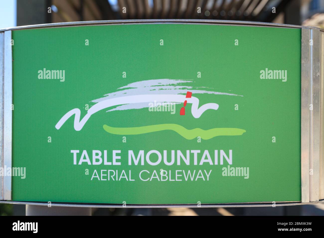 Table Mountain aerial cableway or cable car sign, Table Mountain National Park, Cape Town, South Africa Stock Photo