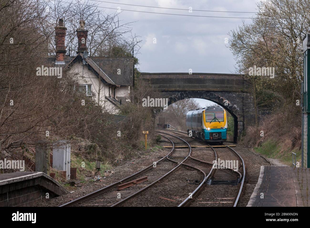 Arriva train Wales Alstom Coradia class 175 diesel train arriving at Runcorn East on the north Cheshire railway line Stock Photo