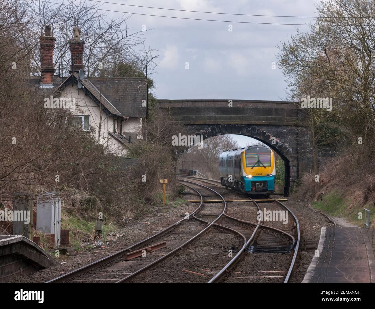 Arriva train Wales Alstom Coradia class 175 diesel train arriving at Runcorn East on the north Cheshire railway line Stock Photo