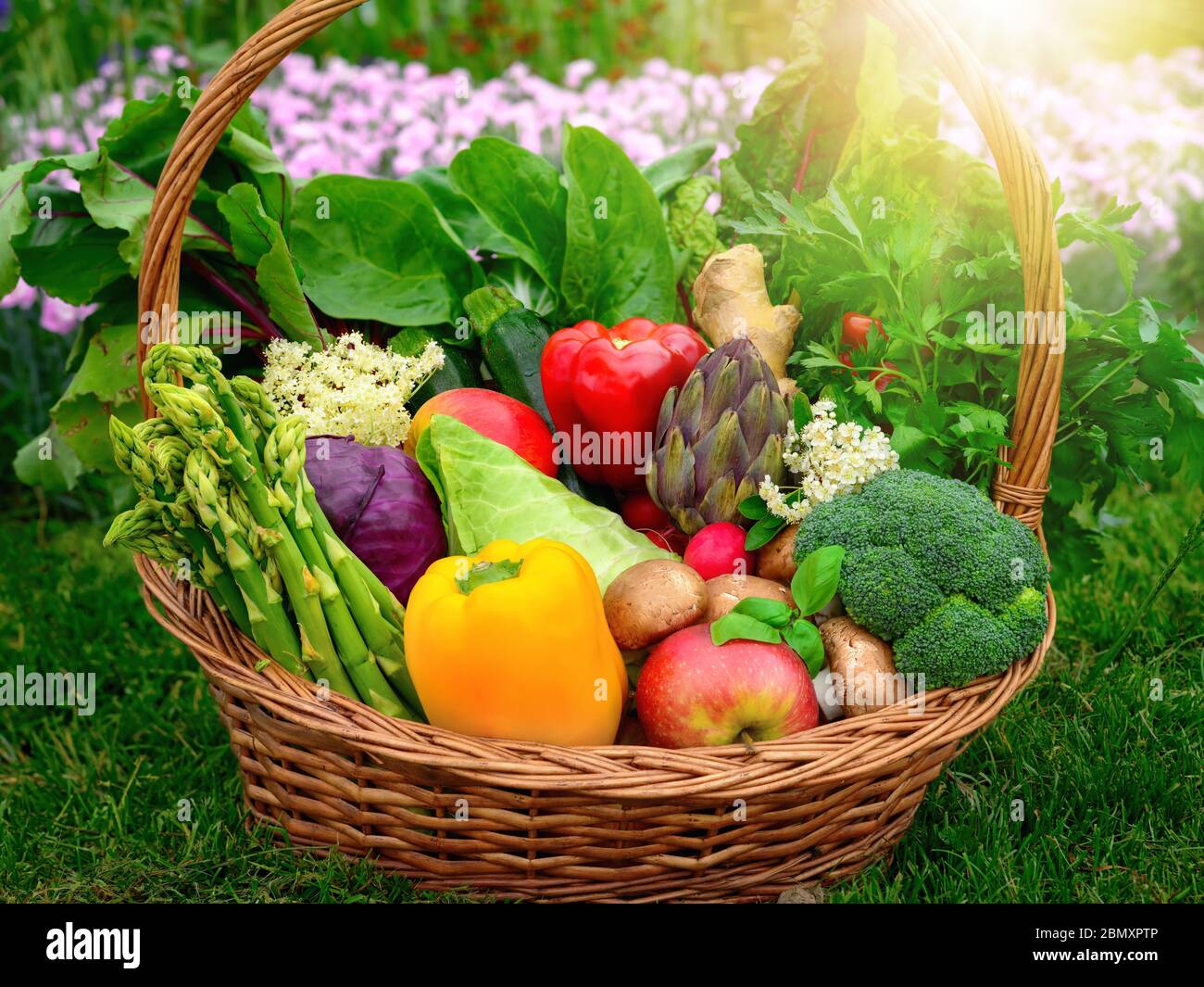 Colorful and appetizing vegetables and fruits in a nice old-fashioned basket in the garden, with grass and flowers in the background Stock Photo