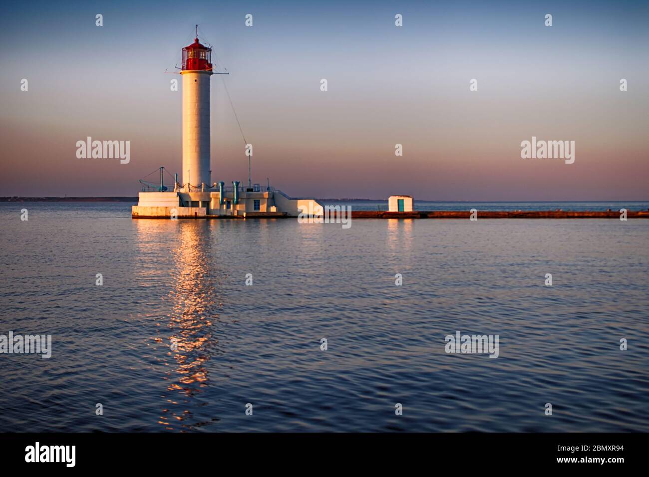 Historic Vorontsov lighthouse in the Black Sea port of Odessa, Ukraine.. Evening time Stock Photo