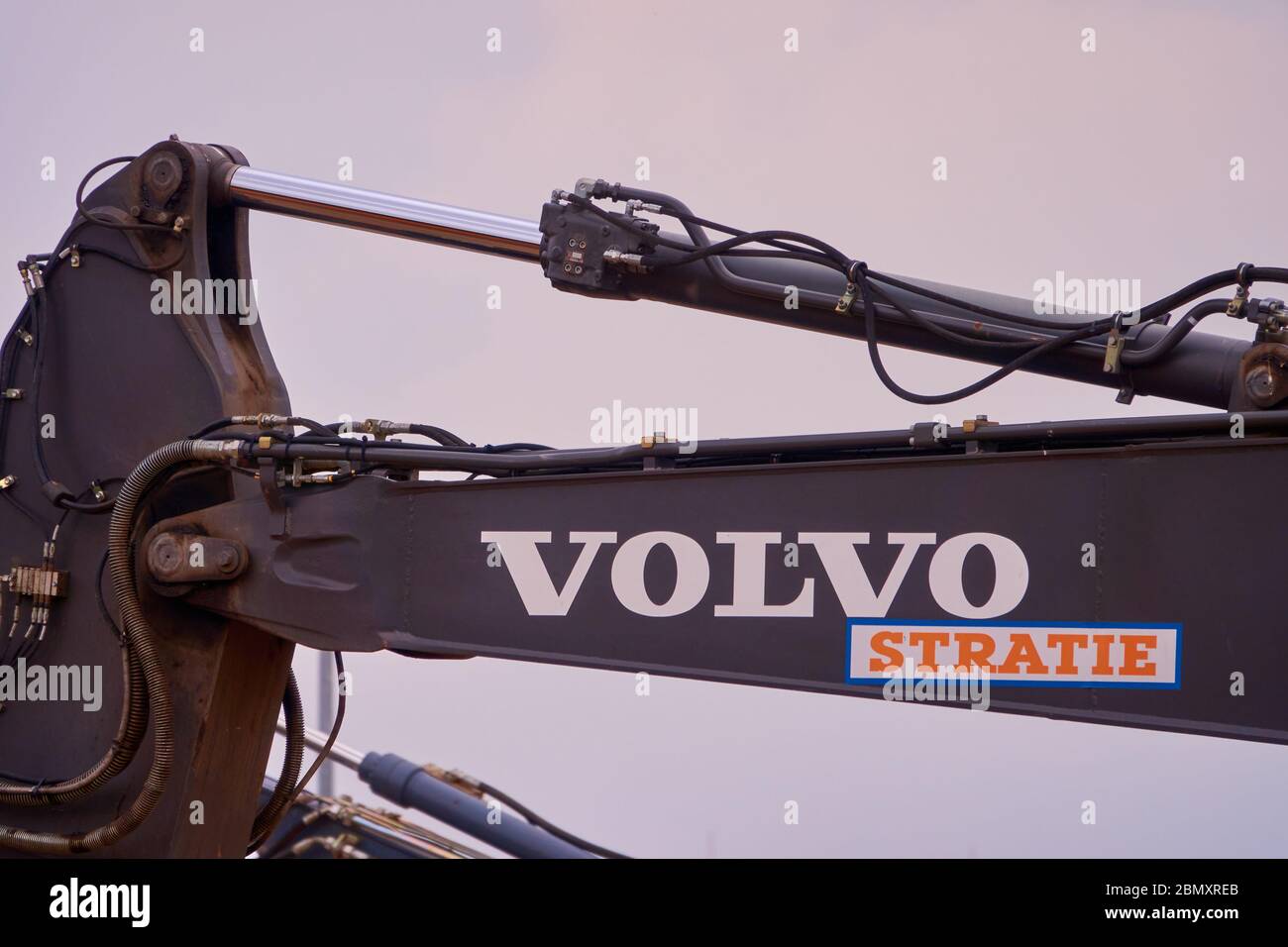 Braunschweig, Germany, May 2., 2020: Close-up of an excavator boom in front of a grey sky Stock Photo