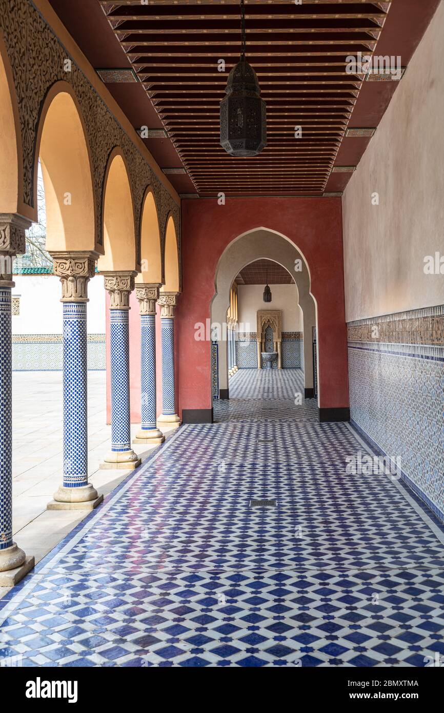 arabic arcade colonnade portico with wooden ceiling with ornaments ...