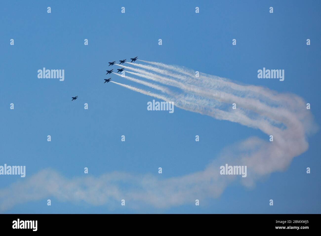 Miami, FL, USA - MAY 08: COVID-19:  The U.S. Navy's Blue Angels fly over Miami to honor frontline COVID-19 responders and essential workers with formation flights Stock Photo