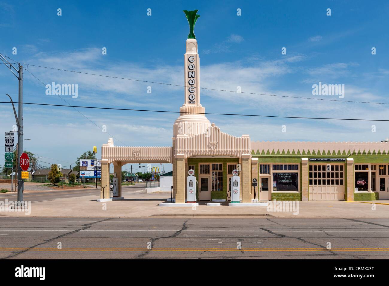 Shamrock, Texas, USA - July 8, 2014: The beautiful art deco building od the U-Drop Inn Gas Station, along the historic route 66, USA. Stock Photo